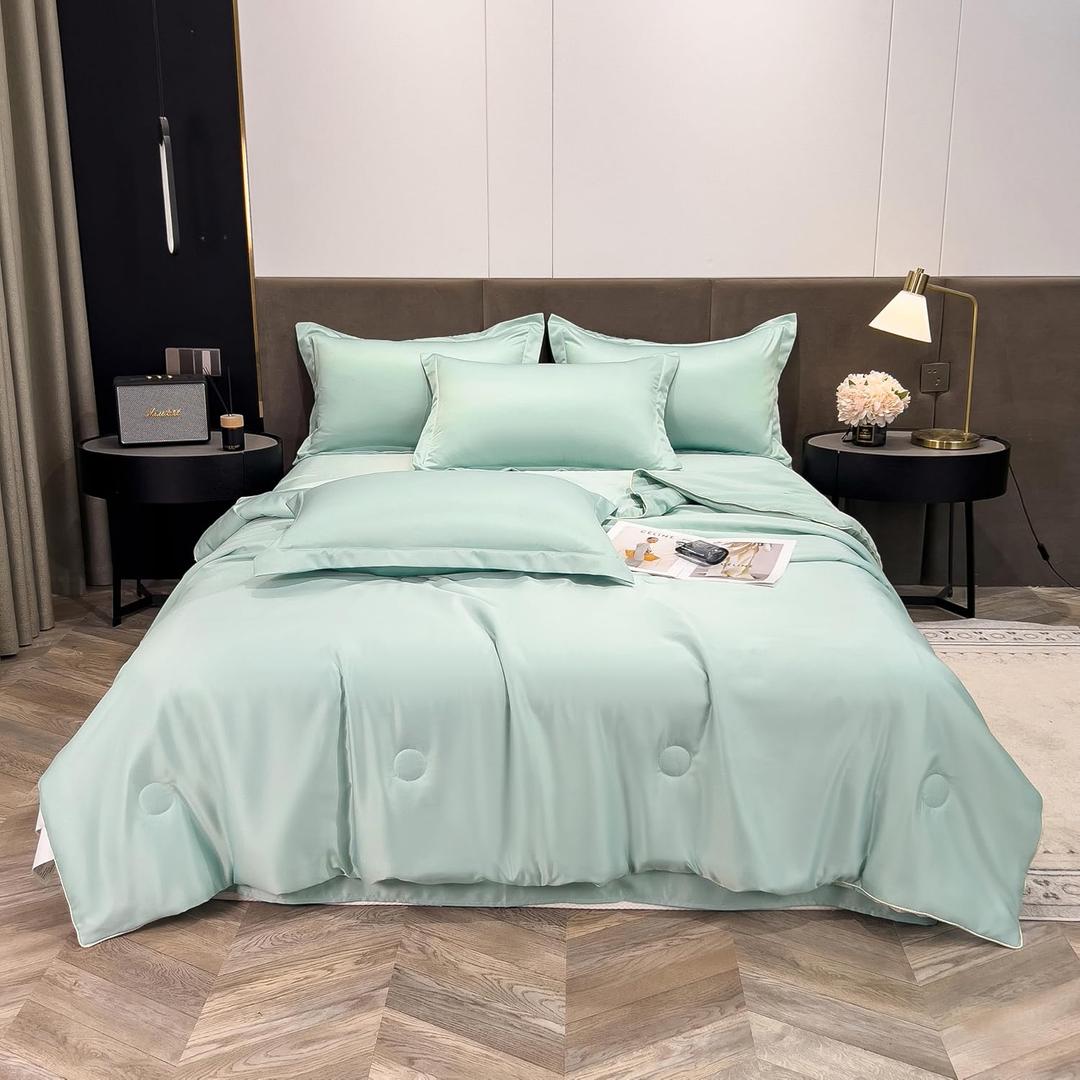 Twin Comforter Set,2 Pieces Silk Like Bedding for All Seasons,1 Twin Size Comforter (69"x90") and 1 Pillow Shams (20"x30"),Lightweight Blanket Quilt (Green)