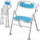 Folding Shower Chair for Inside Shower with Arms and Back, 400 LBS Foldable Bath Seat for Elderly Seniors & Disabled, Heavy Duty Portable Shower Stool with U-Shape Cutout & 6-Level Height (Blue)