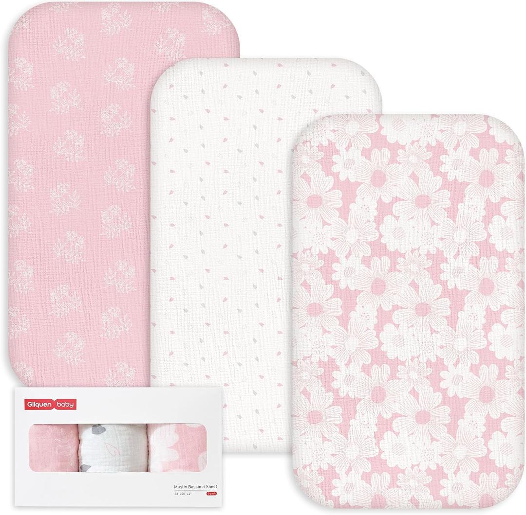 Gllquen Baby 3-Pack Muslin Cotton Bassinet Sheets, 33"x20" Fitted Crib Sheets for Bedside Sleeper & Travel Crib, Oeko-TEX Certified Soft Breathable Sheets, Easy On/Off (Rosebud)