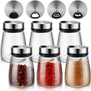 Zhehao 6 Pcs Salt Pepper Shakers Set with Adjustable Pour Holes Stainless Steel Spice Dispenser 6oz Clear Glass Seasoning Containers for Kitchen Restaurant Home BBQ Camping Farmhouse Accessories