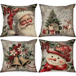 Lanpn Vintage 16x16 Christmas Throw Pillow Covers Set of 4, Xmas Decoration Cushion, Winter Holiday Decorative Pillow Case, Santa Claus Snowman Pillowcase, Indoor Home Bedroom Sofa Couch Decor (Green)