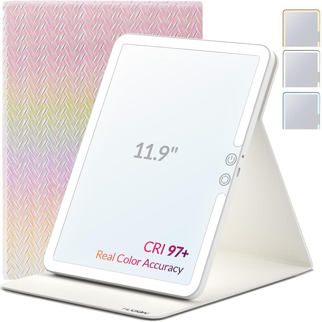 Travel Makeup Mirror with Lights, Portable Lighted Vanity Mirror with 100 LED, Rechargeable, Foldable for Tabletop, 11.9 inches, Rainbow