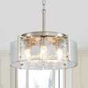 4-Light Glass Brushed Nickel Chandeliers for Dining Room 17.3" Round Modern Farmhouse Chandelier Drum Hanging Pendant Ceiling Light Fixture for Hallway Entryway Kitchen Island Foyer Bedroom