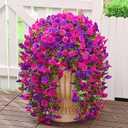 Dolicer 4 Packs Look Real Artificial Flowers for Outdoors, Fake Artificial Hanging Flowers for Outdoors Realistic UV Resistant Hanging Flowers Silk Petunia Faux Flowers for Porch Patio(Purple+Fuchsia)