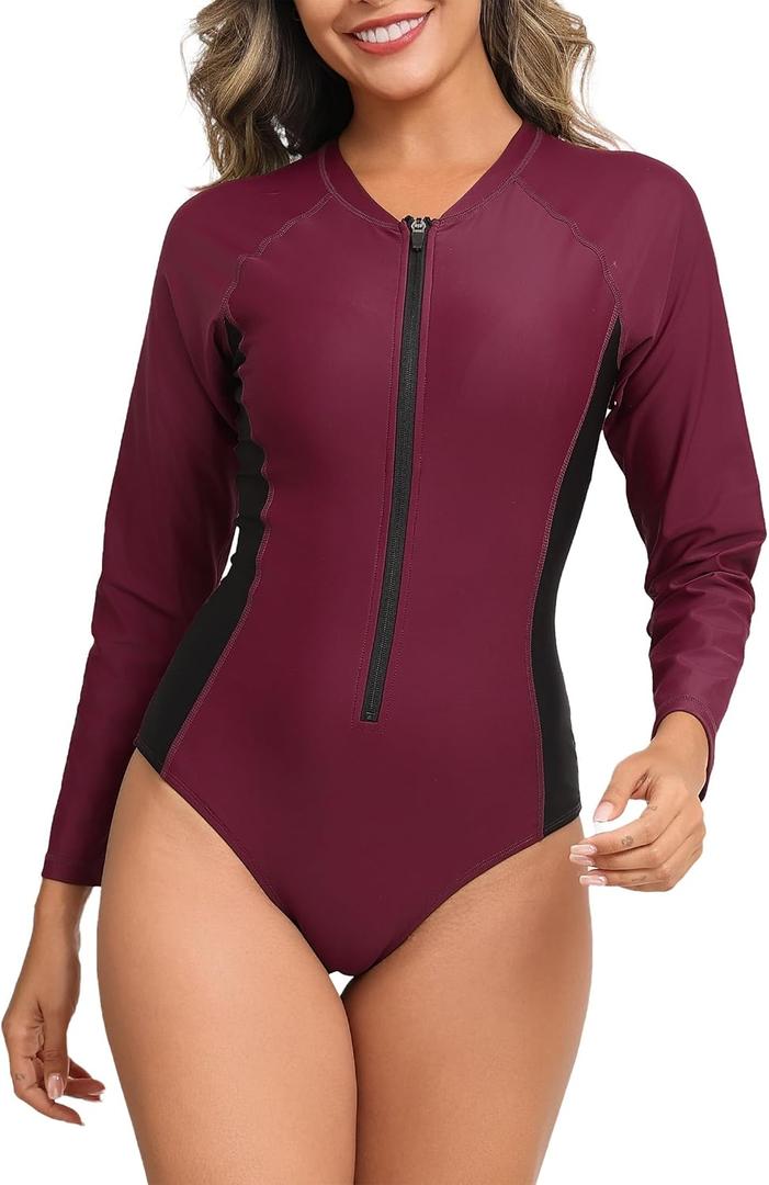 Halcurt Women's One Piece Rash Guard with Built in Bra UPF50+ Zip Long Sleeve Surfing Athletic Swimsuit (S)