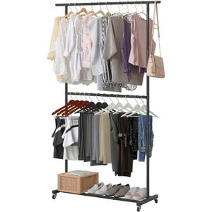 Sywhitta Double Rod Clothing Garment Rack, Rolling Clothes Organizer on Wheels for Hanging Clothes, Easy to Assemble, Adjustable, Black (No mesh)