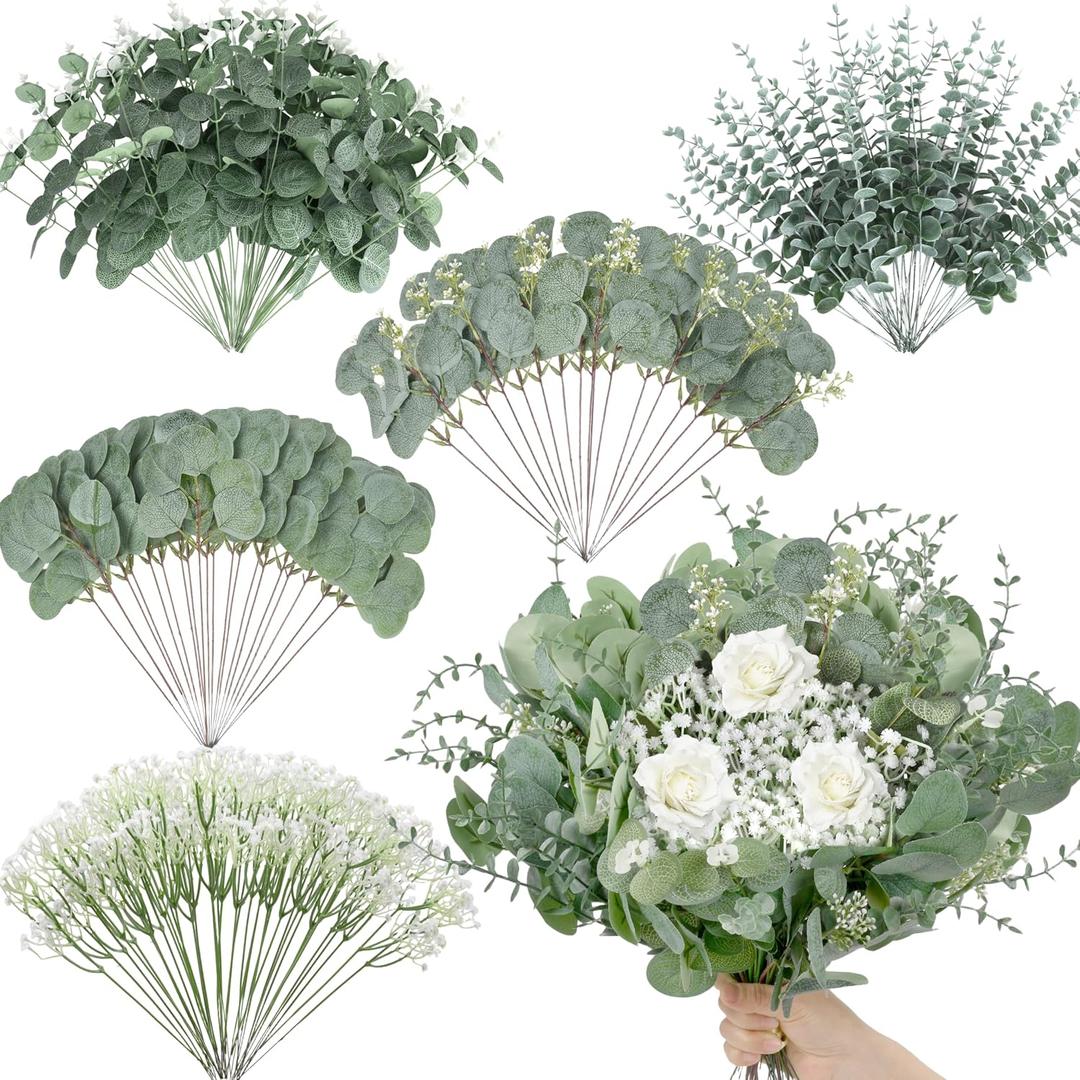 Palonu 200 Pcs 5 Kinds Mixed Artificial Eucalyptus Leaves Stems Bulk Babys Breath Eucalyptus Bundle Faux Plants Greenery for DIY Bouquets Floral Arrangement Wedding Engagement Party Decor