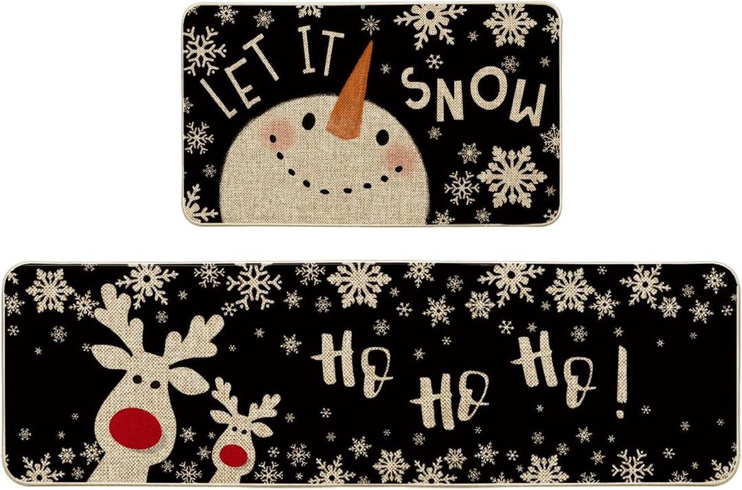 Artoid Mode Snowman Deer Let It Snow Snowflake Christmas Kitchen Mats Set of 2, Winter Decor Low-Profile Kitchen Rugs for Floor - 17x29 and 17x59 Inch (Black)