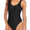 Leoparts Women's Retro Scoop Neck One Piece Swimsuits 80s/90s High Cut Low Back Bathing Suits Swimwear Black L