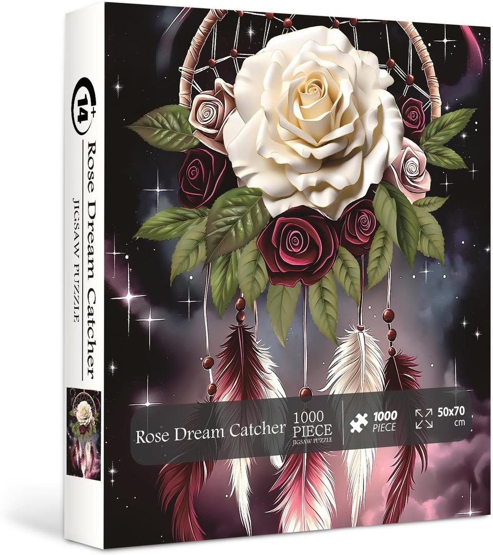 Rose Dream Catcher Puzzles for Adults 1000 Pieces, Fantasy Flower Art Jigsaw Puzzles, Magic Plant Floral Puzzle