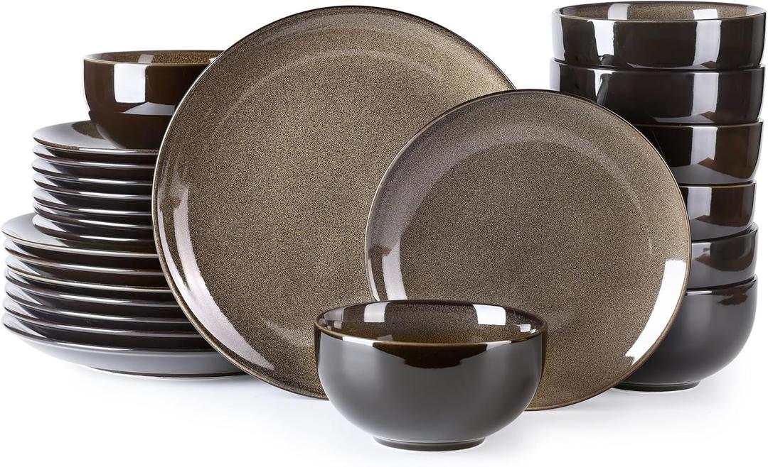 LERATIO Ceramic Dinnerware Sets for 8,Stoneware Plates and Bowls Sets,Handmade Reactive Glaze Dishes Set,Chip Resistant and Scratch Resistant | Oven&Dishwasher & Microwave Safe-Chestnut(24PCS) (Dreamy Moonlight-Chestnut)