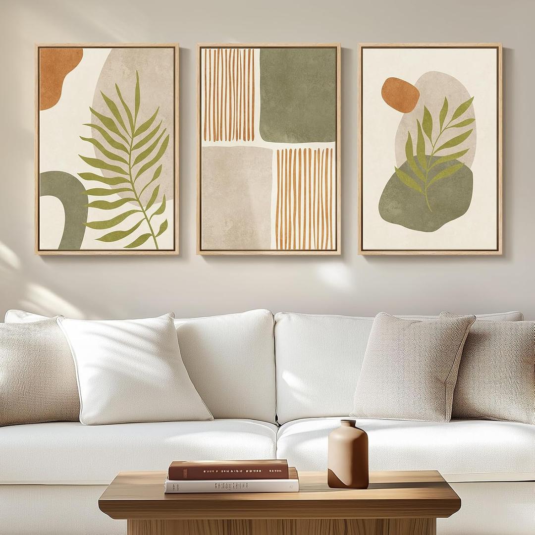 Framed Mid Century Modern Boho Wall Art Bedroom, 3 Piece Tropical Sage Green Paintings Prints Canvas Artwork for Walls, Large Modern Bohemian Pictures for Living Room Hallway Wall Decor, 16x24 Inch