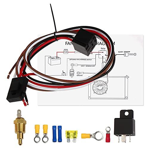 X AUTOHAUX Electric Fan Relay Kit with 185'F On-175'F Off Thread-in Probe 40A Radiator Electric Cooling Fan Wiring Install Kit Waterproof Automotive Fan Wiring Kit Controller 1 Set