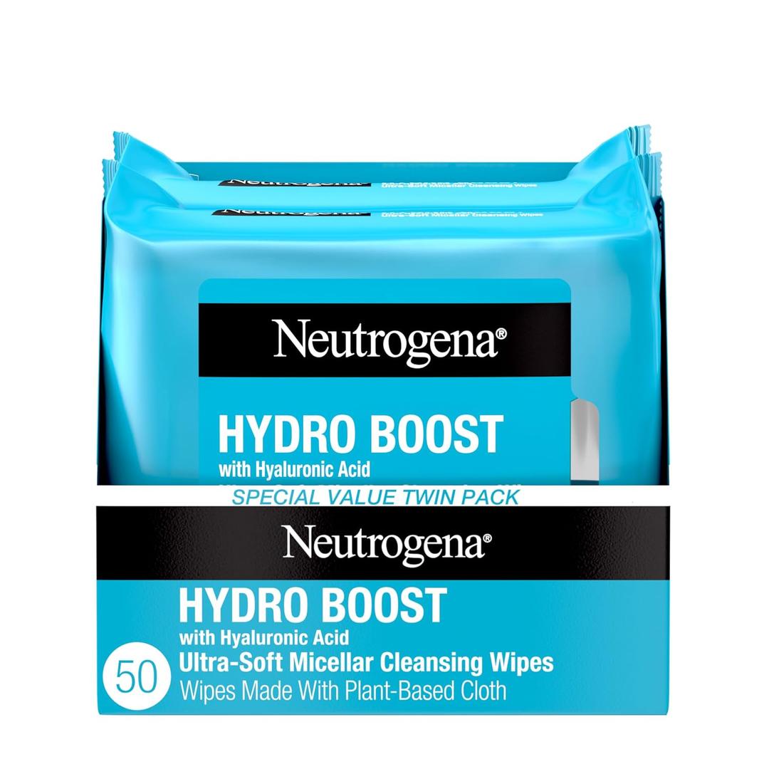Neutrogena Hydro Boost Ultra-Soft Micellar Cleansing Wipes with Hyaluronic Acid, Hydrating Makeup Remover Wipes Remove Dirt & Waterproof Makeup, Hypoallergenic, Plant-Based Cloth, 2 Packs, 50 ct