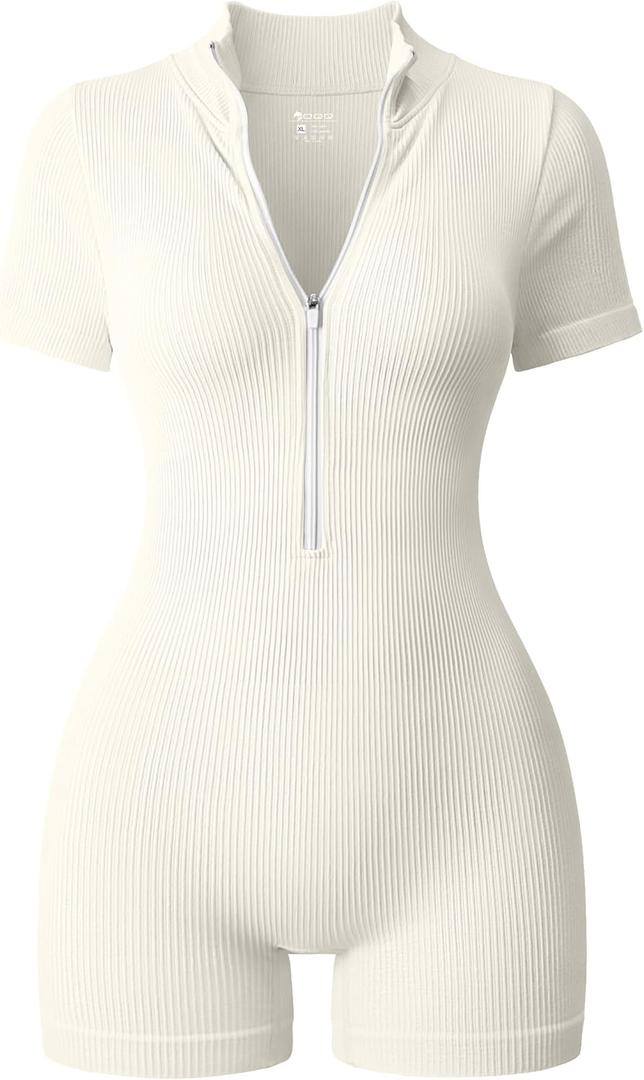 OQQ Women Rompers Ribbed Short Sleeve Zip Front Stretch Tummy Control Yoga Workout Rompers (White, XL)