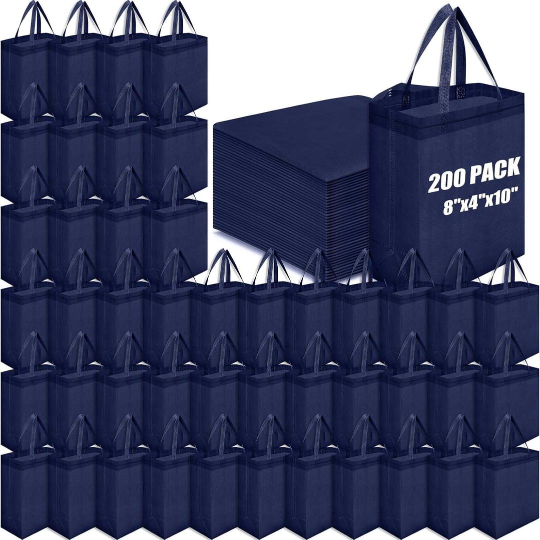 Windyun 200 Pcs Reusable Tote Bag Bulk 8 x 4 x 10 Inch Non Woven Shopping Bag with Handle Portable Grocery Bags Gift Tote for Merchandise Events Parties Boutiques Retail Stores (Navy Blue)