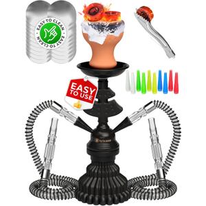 Portable Hookah set with everything - Black Hookah Set 2 Hose Hookahs  LilOne 12 Black Mini Hookah 2 Hose Hookah Set with 50x Foil Sheets, Clay Bowl 10x Disposable Tips and Sisha Tongs