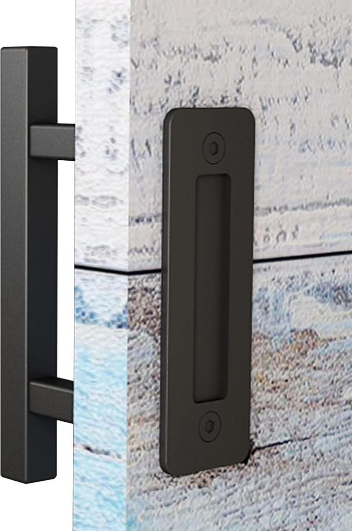 EaseLife 10" Sliding Barn Door Pull Handle with Flush Hardware Set, Double Sided, Heavy Duty, Square, Matte Black Powder Coated Finish, Easy Install