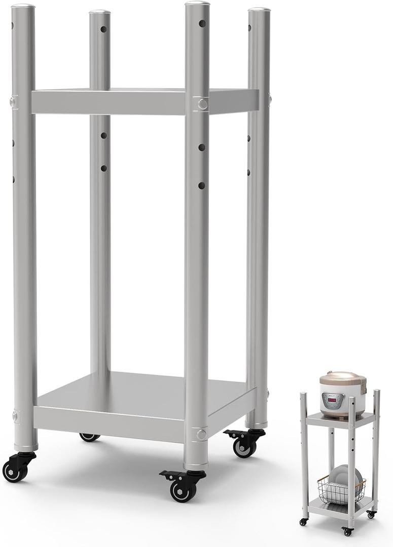 Stainless Steel Rice Warmer Stand–14"x14" SS Two-Tier Cart with Adjustable Upper Shelf & 4 Swivel Casters (2 Locking) Store&Move Cooking Equipment Multi-Purpose Mobile Station for Indoor/Outdoor