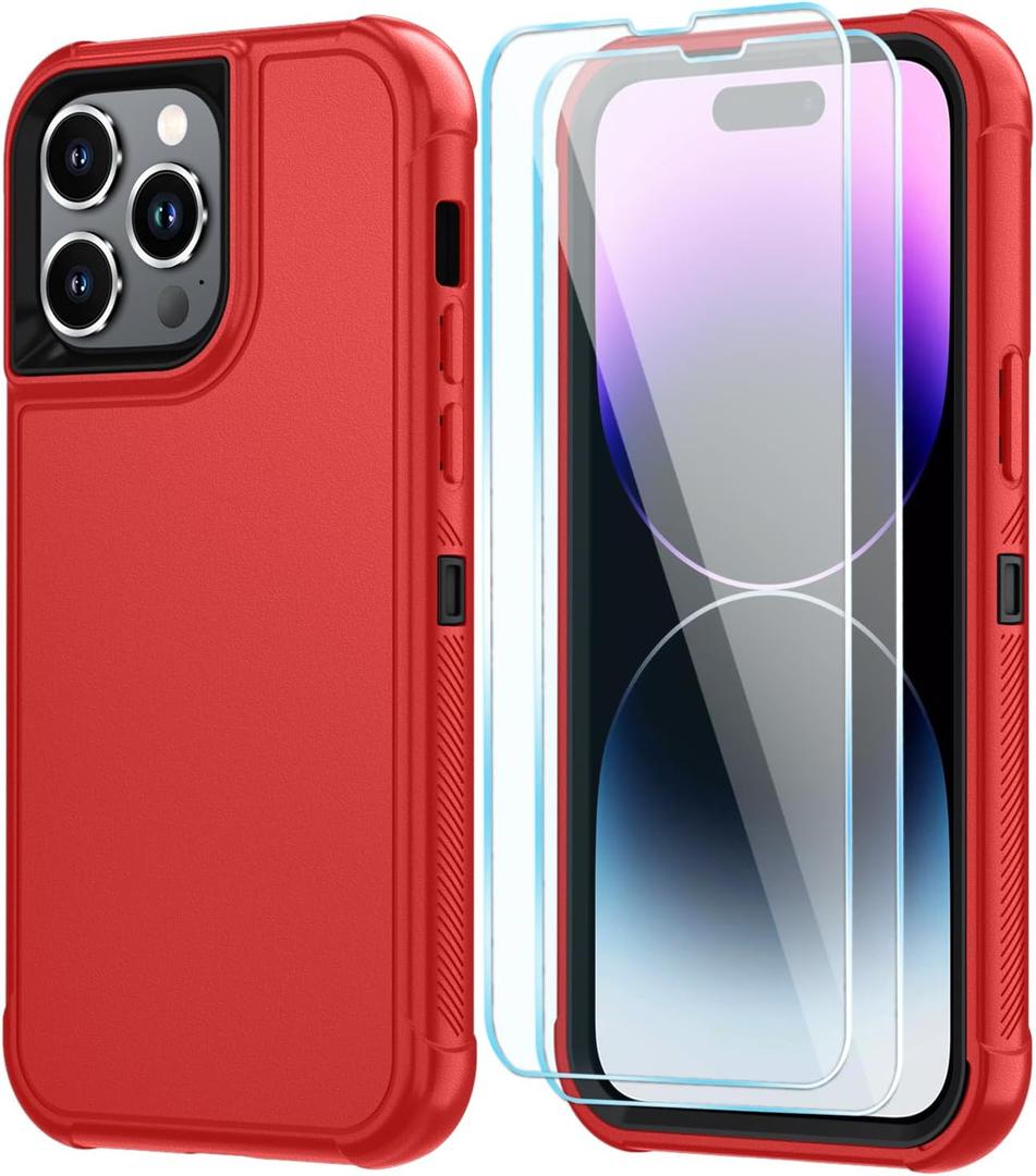 SunStory Compatible with iPhone 14 Pro Case with HD Screen Protector, 3-Layer Heavy Duty Full-Body Cover,3 in 1 Hybrid Protective Case for iPhone 14 Pro 6.1",Red