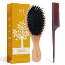 Boar Bristle Hair Brush - Boar and Nylon Bristle Brush for Women Men Kids Smoothing Detangling - Wooden Hairbrush with Plastic Tail Comb for Long Thick Curly Hair (Brown)