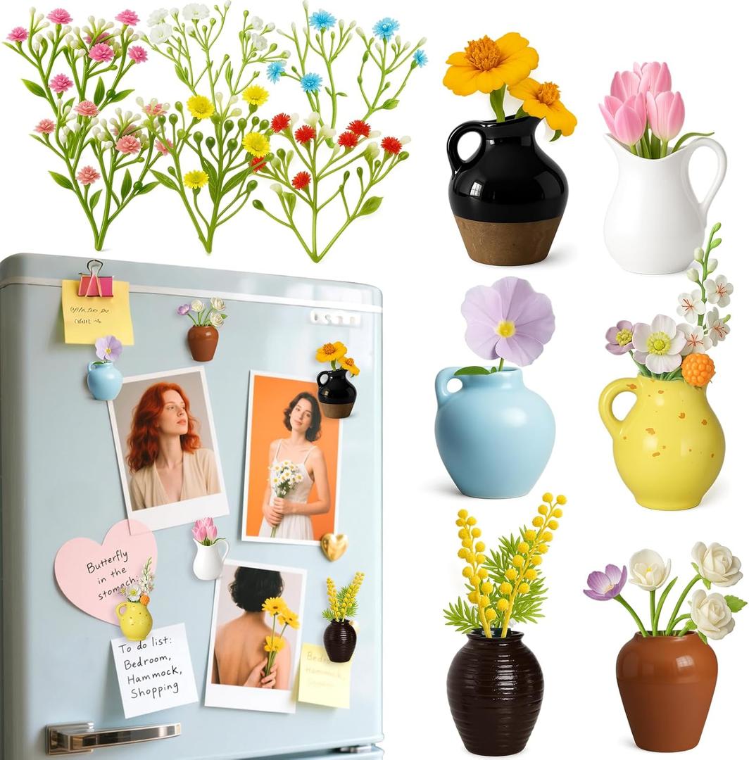 6Pcs Mini Vase Magnets for Fridge - 3D Plant Ceramic Vase Magnets with Flowers, Tiny Cute Magnetic Vases for Refrigerator Kitchen Locker Office Decoration