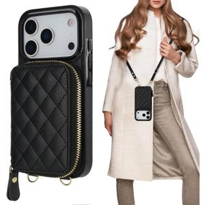 Bocasal Crossbody Wallet Case for iPhone 17 Pro, RFID Blocking PU Leather Zipper Handbag Purse Flip Cover, Kickstand Folio Case with Card Slots Holder Wrist Strap Lanyard 5G 6.3 Inch (Black)