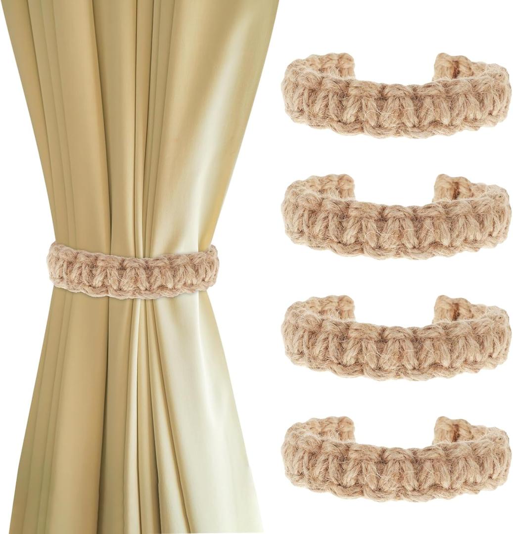 4 PCS Rope Curtain Boho Tiebacks Outdoor Rope Curtain Tie Backs Rustic Holdbacks Farmhouse Curtains Tiebacks Handmade Braided Curtains Holdbacks for Home Outdoor Bedroom Office Decorative (Brown)