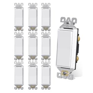 AIDA Light Switch Single Pole Light Switch Square Rocker Switch Decora Switches White, 15 Amp Self-grounding Electrical Light Switches, Residential Grade, UL Listed (10 Pack, Glossy White) (Without Wall Plate)