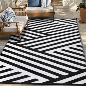 Outdoor Patio Plastic Straw Rug - 6'x9' Outdoor Camping Rug Waterproof Reversible, Area Carpet Patios Clearance RV, Outside Porch Balcony Deck for Camper, White & Black