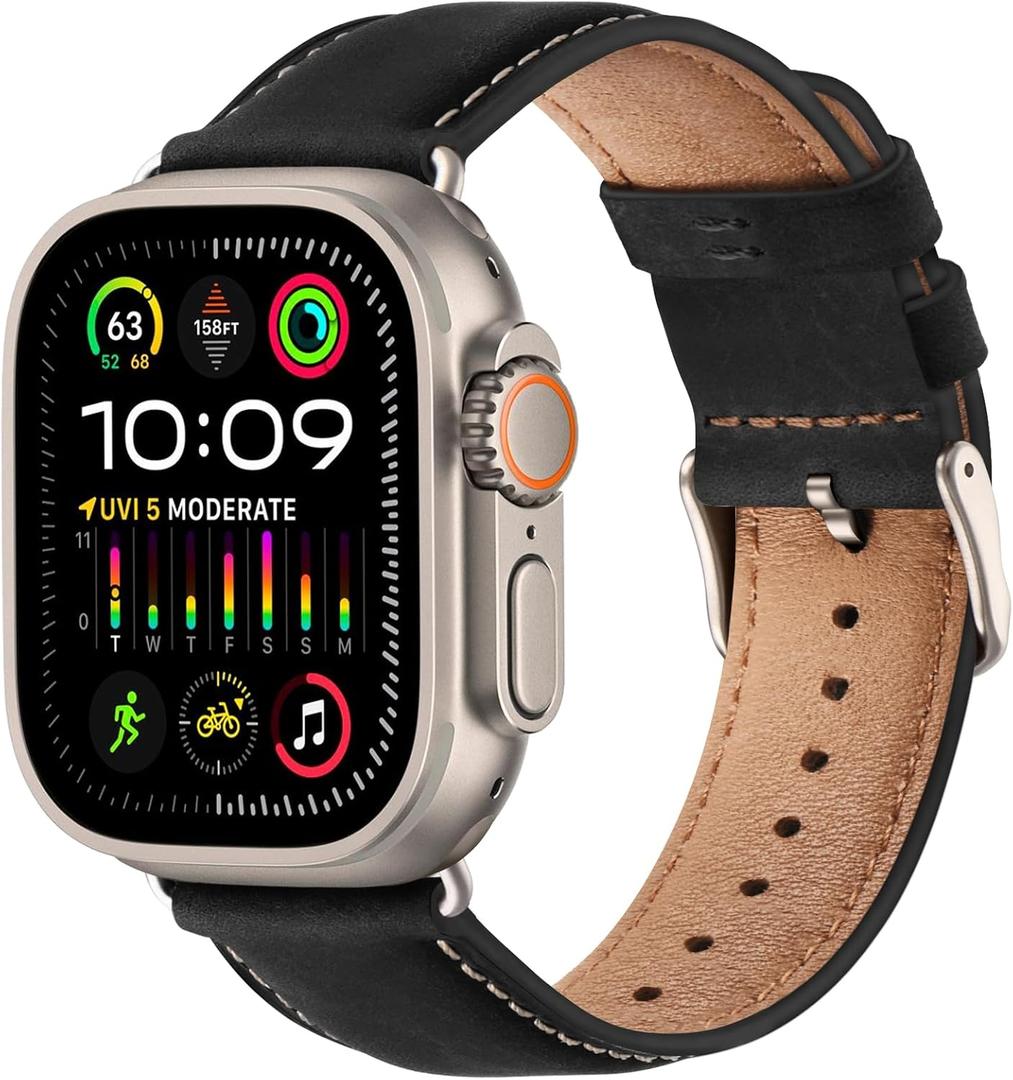 SUNFWR Leather Bands Compatible with Apple Watch Band 42mm(Series 3 2 1) 44mm 45mm 46mm 49mm for Men Women, Top Grain Genuine Leather Replacement Strap for iWatch Ultra 3 2 1, SE3 2 1, Series 11 10 9 8 7 6 5 4 3 2 1 (Black/Titanium)