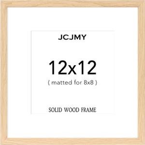 JCJMY 12x12 Solid Wood Picture Frame, Display 8x8 with Mat or 12 x 12 without Mat, Wooden 12 by 12 Photo Frame with Shatter Resistant Plexiglass for Wall Hanging, 1 Pack, Natural