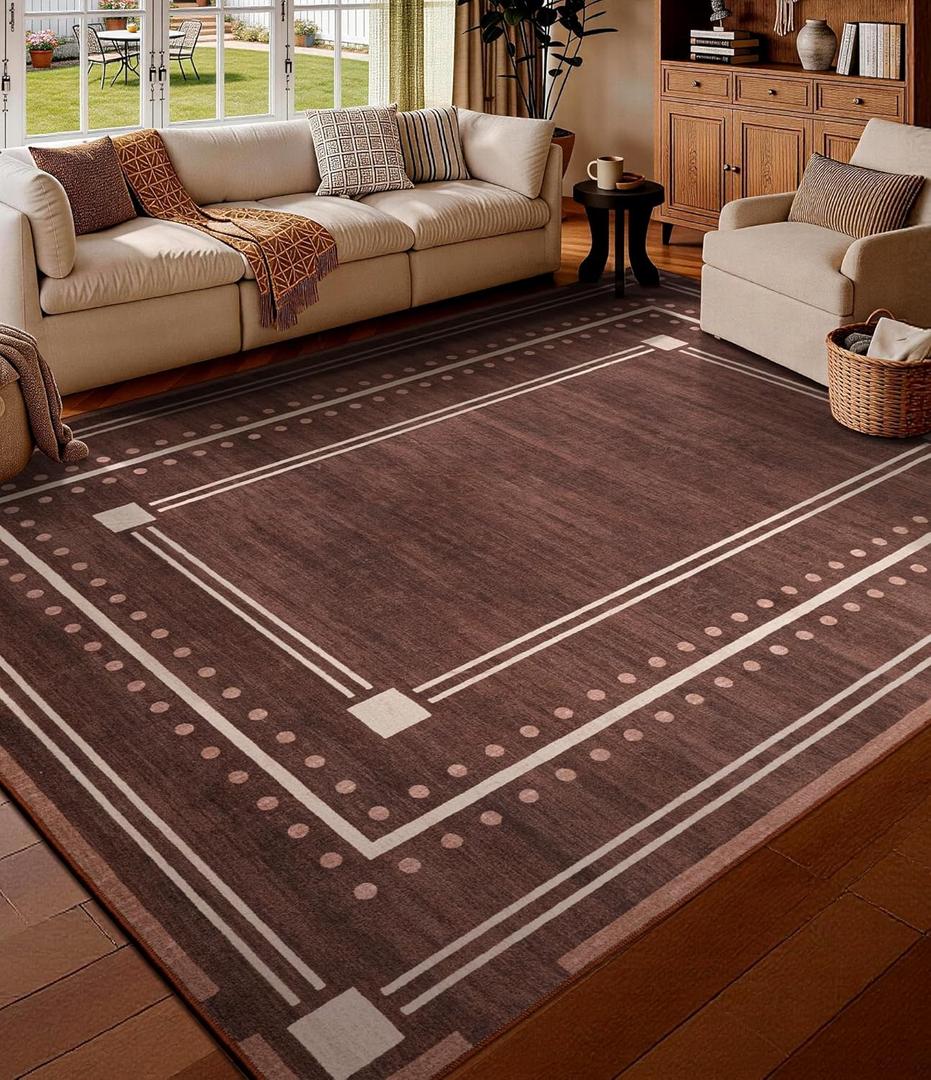 YIHOUSE Brown Bordered Bedroom Rugs 5x7, Non-Slip Washable Farmhouse Living Room Rug, Ultra-Soft Low-Pile Indoor Carpets, Stain-Resistant Vintage Polka Dot Rugs for Dining Room, Office