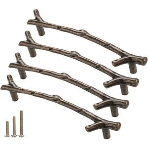 4Pcs Large Vintage Tree Twig Branch Cabinet Knobs Pulls Handles,Zinc Alloy Drawer Pull Handle for Farmhouse Cabin Mountain House Kitchen Cupboard Wardrobe (4 Pack, Hole Distance 5", Bronze)