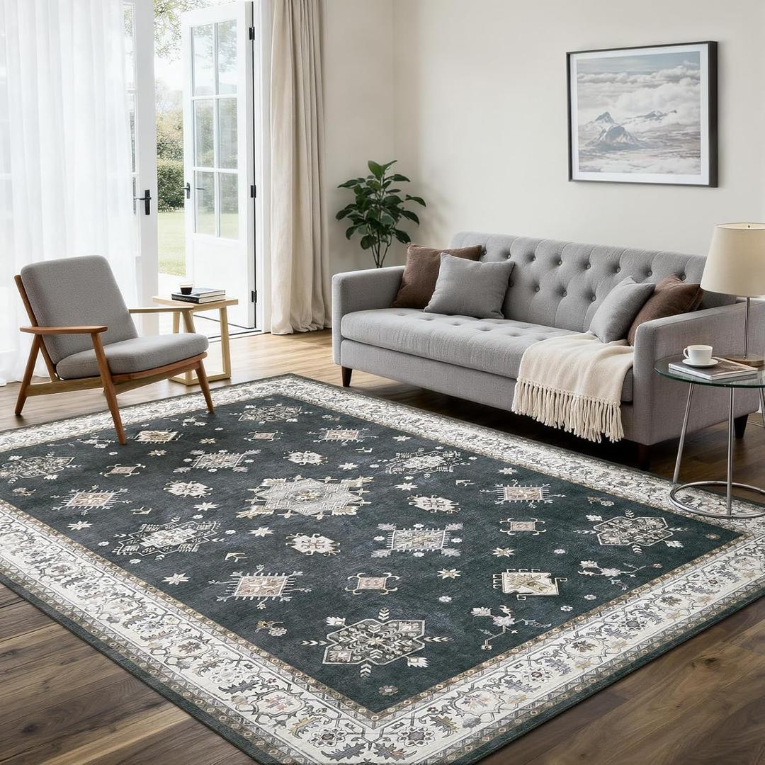 5'x7' Washable Area Rug Non-Slip, Vintage Floral Medallion Distressed Carpet, Soft Low Pile Indoor Floor Mat for Living Room Bedroom Dining Room, Navy Blue & Ivory Vintage