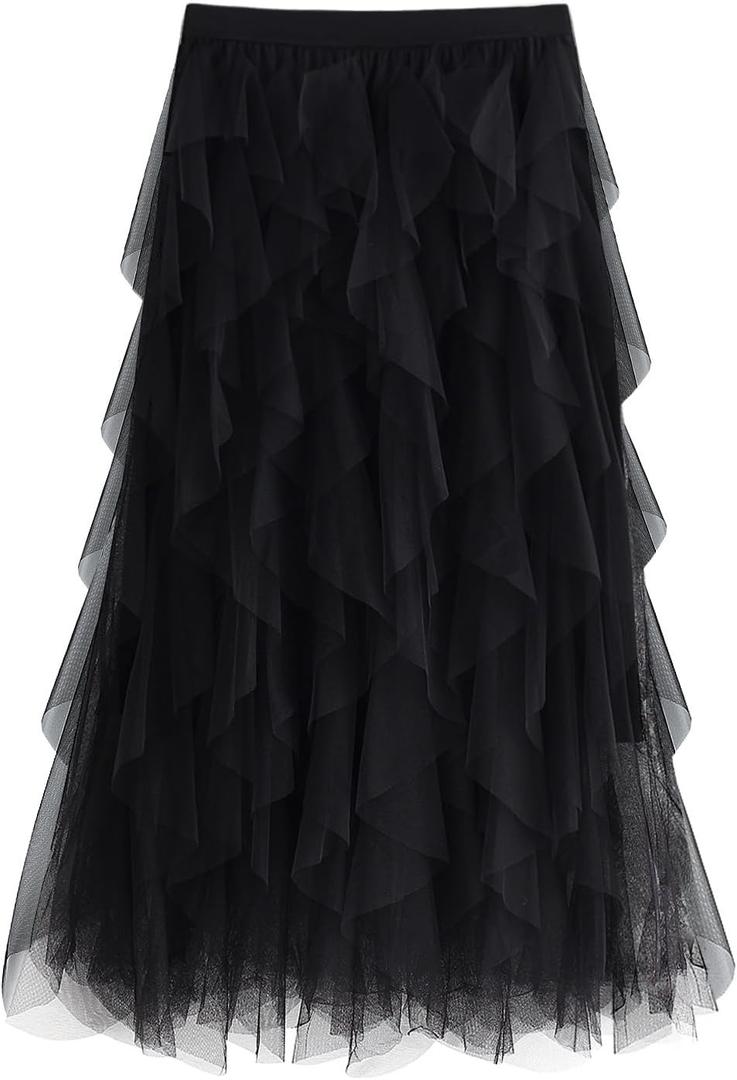 kydely Tulle Skirts for Women Long Length Tutu Fairy Tiered Skirt A Line Mesh Elastic Waist Skirts Black One Size