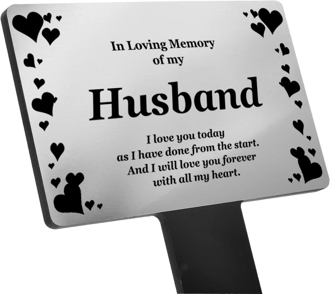 Husband Memorial Remembrance Plaque Stake, Hearts Design - Gold/Silver/Copper, Waterproof, Outdoor, Grave Marker, Tribute, Plant Marker (Silver)