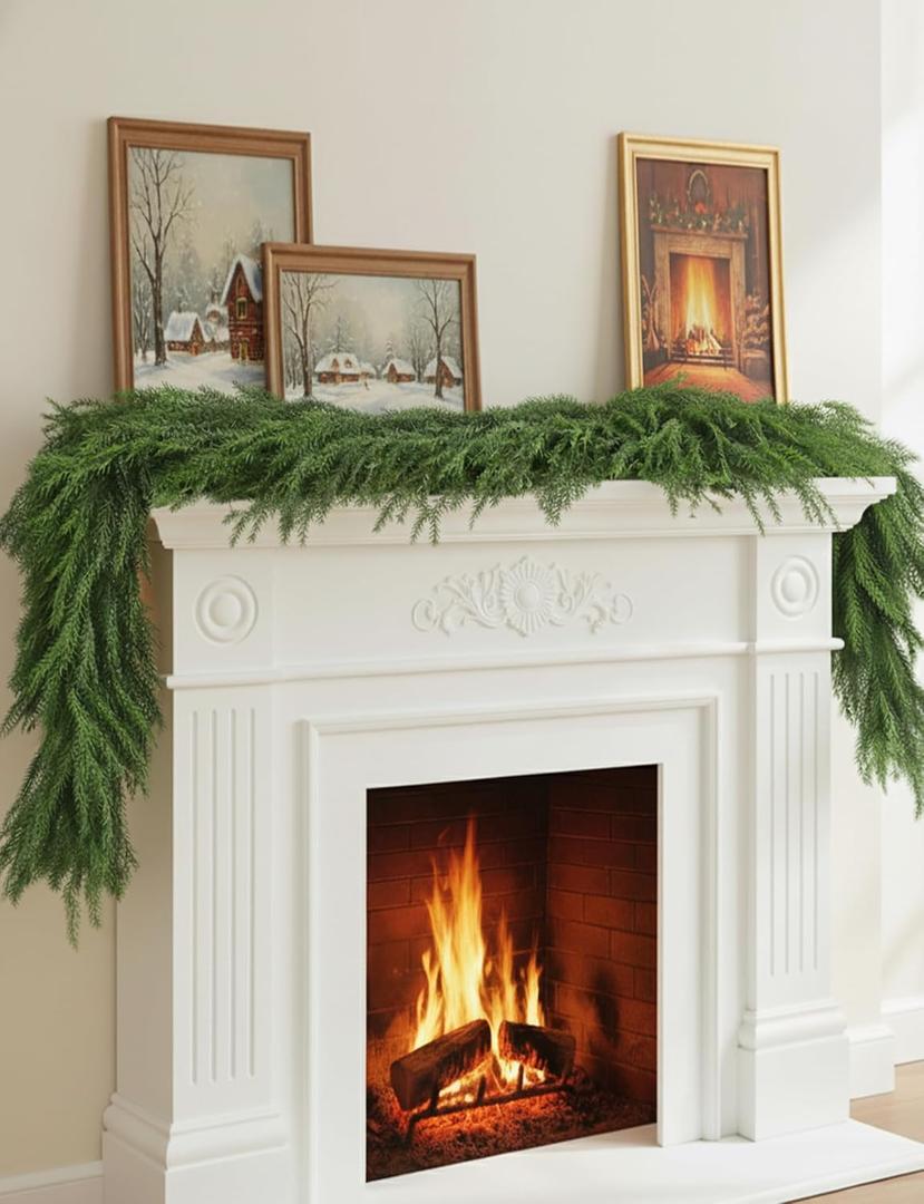 2 Pcs 6FT Norfolk Pine Garland - (12FT Total) Dark Green Christmas Decor, Artificial Holiday Decor Faux Greenery for Mantle, Fireplace, Table