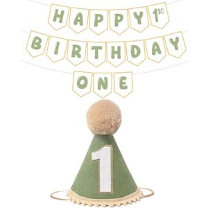 Sage Green First Birthday Decorations - One Birthday Hat and Pre-Strung Happy 1st B IRTHDAY Banner for Boys Girl 1st Bir thday Decorations,One Year Old BD Decor Photo Shoot