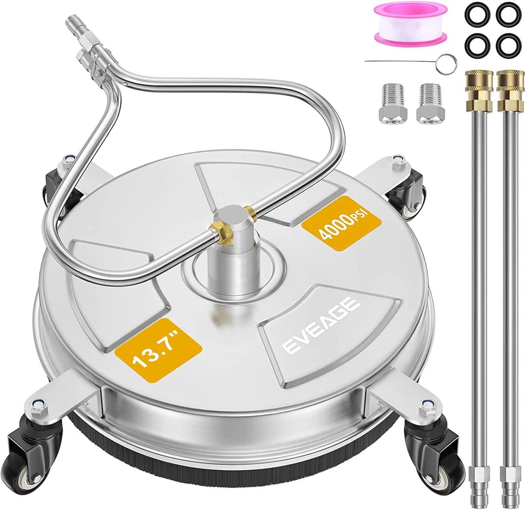 EVEAGE 13.7'' Pressure Washer Surface Cleaner with 4 Wheels Stainless Steel Surface Cleaner & Unique Bending Rod Design 2 Nozzles for Cleaning Driveway & Sidewalk, Max 4000PSI-EP002