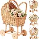 Vintage Woven Rattan Stroller-Shaped Flower Basket with Wheels