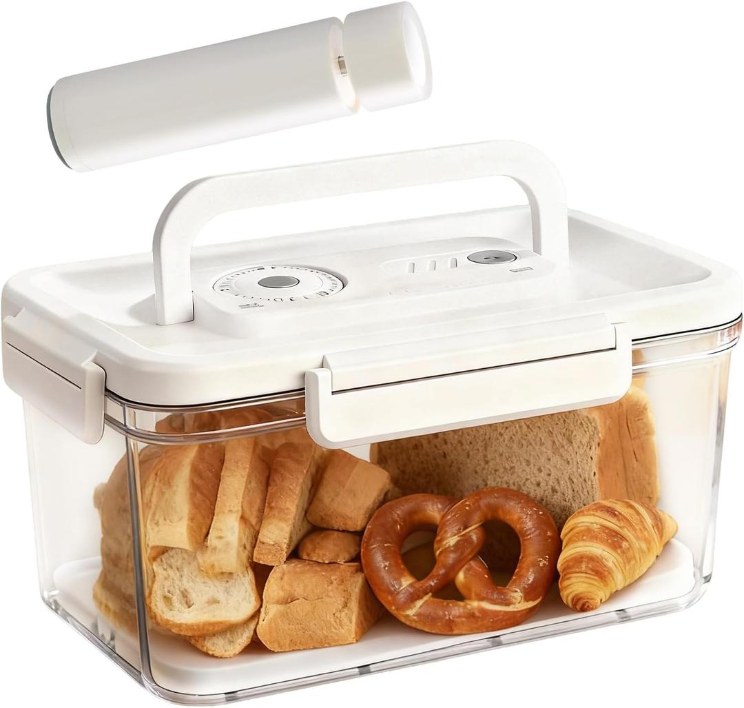 Bread Box with Vacuum Pump,Airtight Bread Box with Lid Time Recording, Vacuum Sealed Bread Storage Container, Portable Handle,Multiple Uses for Storging Fruits Cereal Bagel Toast Donut