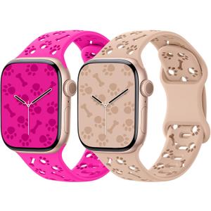 2 x 2 Pack Silicone Bands Compatible with Apple Watch 40mm 38mm 44mm 45mm 41mm 42mm 49mm Women, Hollow-Out Dog Paw Design Waterproof Sport Strap for iWatch Series 10/9/8/SE/7/6/5/4/3/2/1 (Hot Pink+Milk Tea)