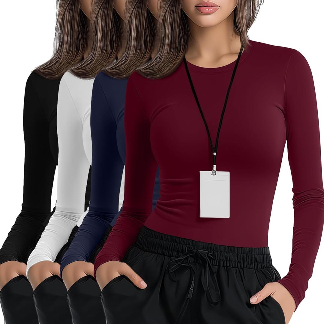 4 Pack Women's Underscrub Shirts Nurse Undershirts Long Sleeve Crewneck Slim Fit Tops Soft Stretchy Basic Tee (XX-Large, Black, White, Navy Blue, Red)