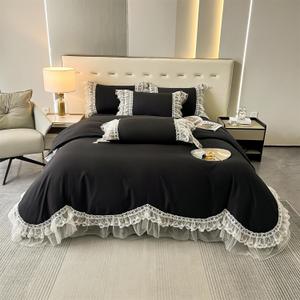 MOOWOO Chic Ruffle Lace Polyester Duvet Cover Set -Girl Red Bedding-3 Piece Queen Duvet Cover with Zipper Closure -Ultra Soft and Light Weight (Black,Queen)