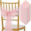 VitalCozy 50 Pcs Vintage Chair Sashes Embroidered Boho Bows Rustic Floral Chair Ties for Wedding Bridal Shower Baby Shower Birthday Party Table Decoration, 7 x 108 Inches(Pearls,Pink)