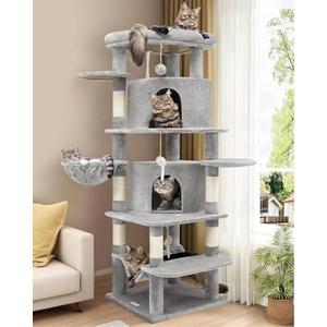 Globlazer Corner Cat Tree for Large Cats, 66inch Tall Curved Series Large Cat Tower for Multiple Indoor Cats with 6 Scratching Posts, 2 Spacious Cat Condos, Hammock, Hanging Basket, C66, Light Grey