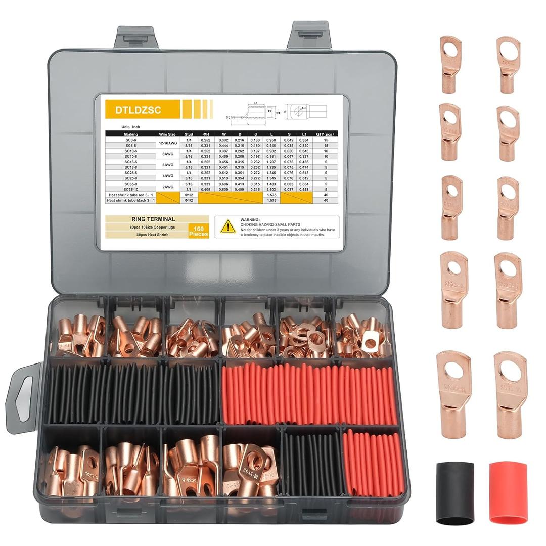 Thickened Copper Lugs，Electric Wire Lugs，AWG2 4 6 8 10 12Gauge，80Pcs Heavy Duty Battery Cable Lugs Ends Ring Terminal Connectors，80Pcs 3:1 Heat Shrink Tubing Assortment Kit Set（160pcs）