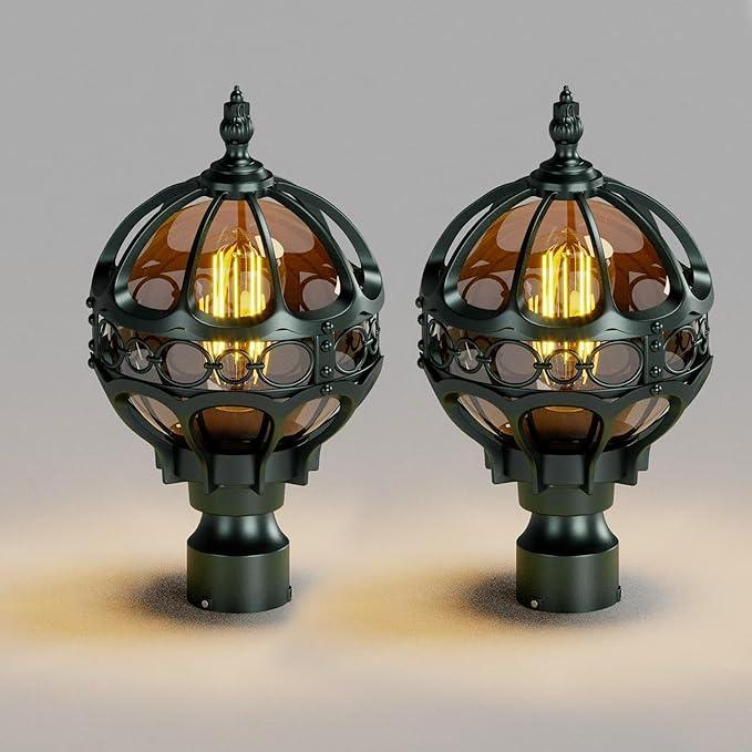 Globe Outdoor Lamp Post Lights for Driveway Yard Patio Garden, Aluminum Waterproof Exterior Pier Mount Lamp, Round Pole Lantern Outside Lawn Post Lighting Fixtures for 3" Pole Fence Deck, 2 Pack