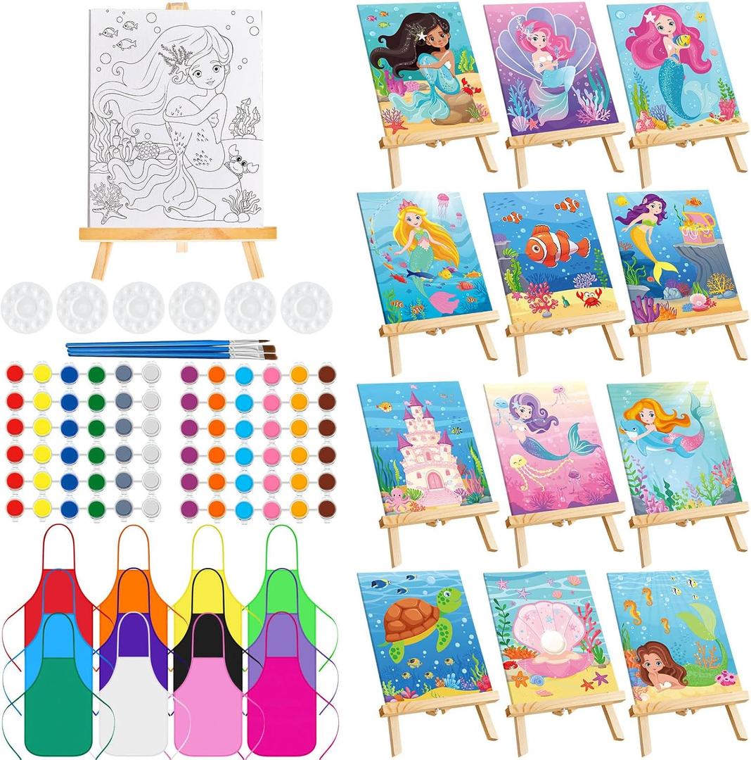Ireer 12 Set Kids Paint Party Set Sip and Paint Kit Include 12 Printed Pre Drawn Canvas, Easels, Palettes, Apron 36 Brushes for DIY Art Back to School Party Birthday (Mermaid)